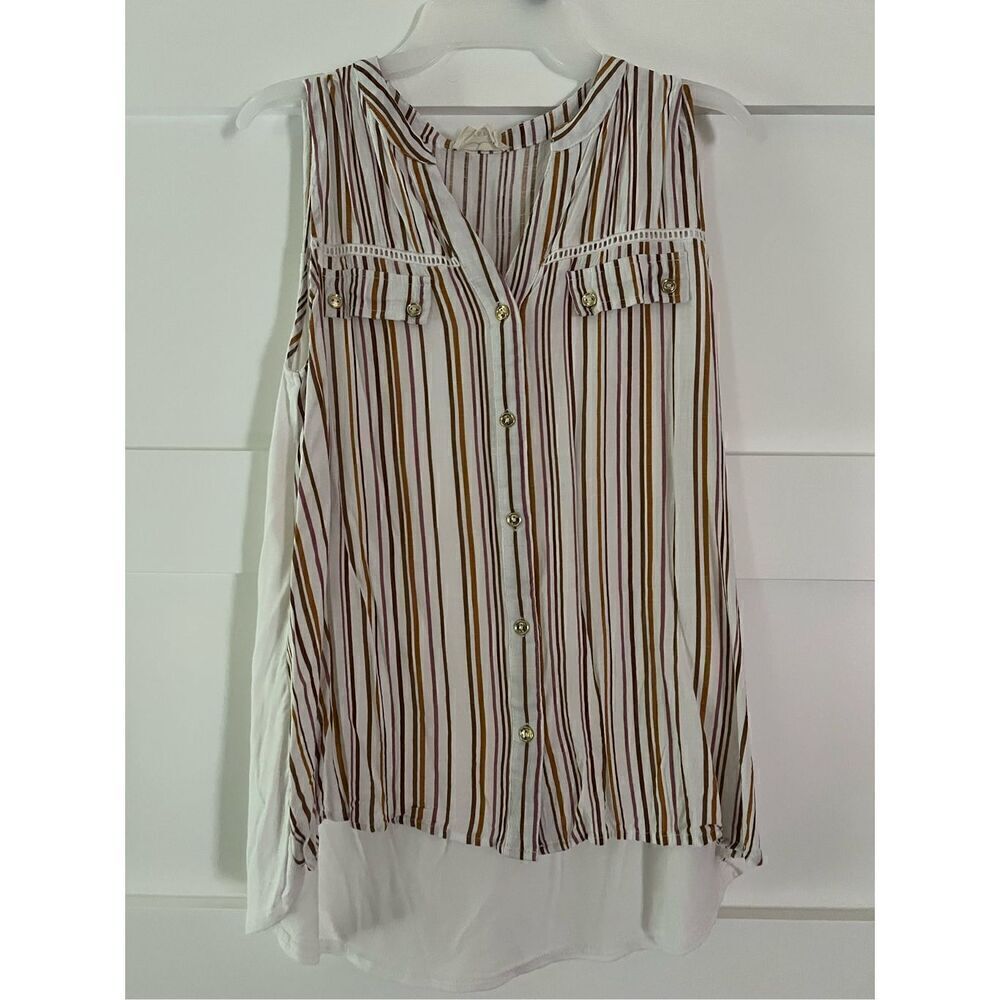 Ember tan white stripe tank blouse gold button details with dual pockets size L